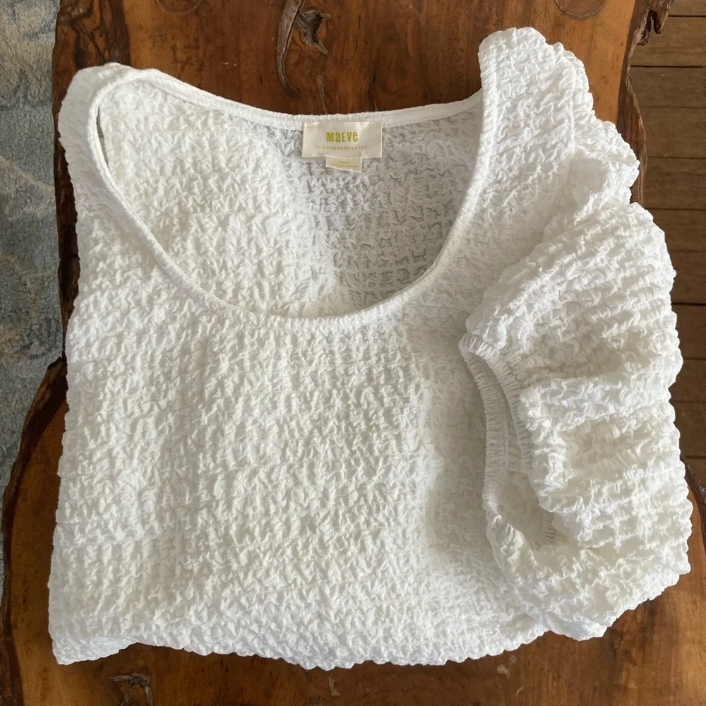 MAUVE x Anthropologie White Balloon-Sleeve Textured Top Cottagecore Resort